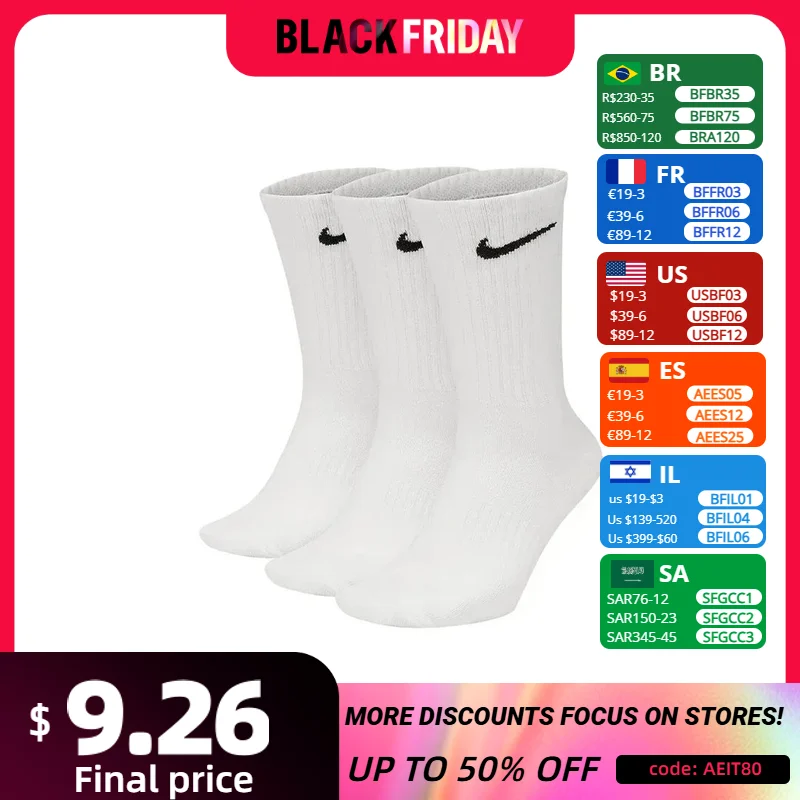 Nike Everyday Lightweightcrew Unisex Sports Socks Men's and Women's 3 Pairs Stockings for Athletic Training S M L XL SX7676