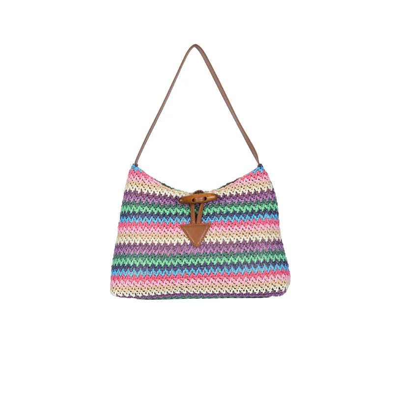 Summer New Straw Braided One Shoulder Underarm Bag Women's Rainbow Stripe Single Shoulder Bag Bohemian Style Hand Carry Bags