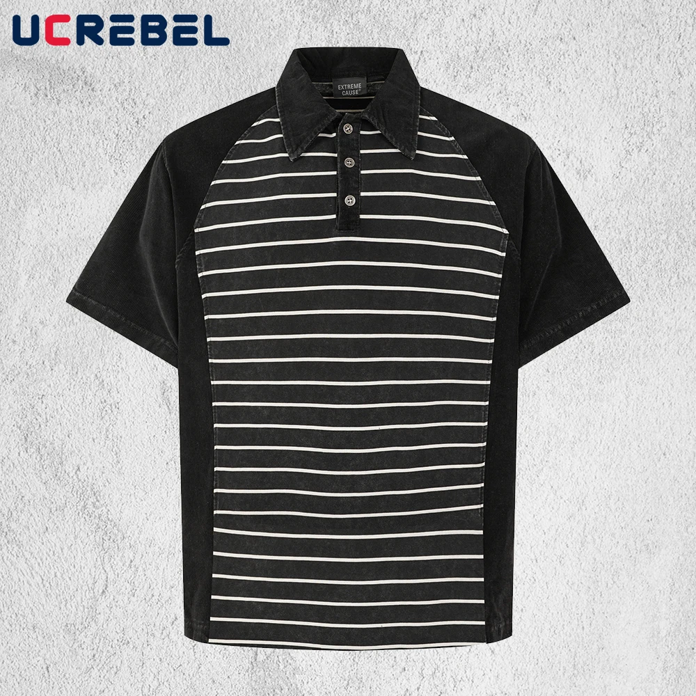 

Striped Spliced Short Sleeve Polo Shirts Mens Summer High Street Retro Distressed Loose Half-Sleeve Cotton Tee Man