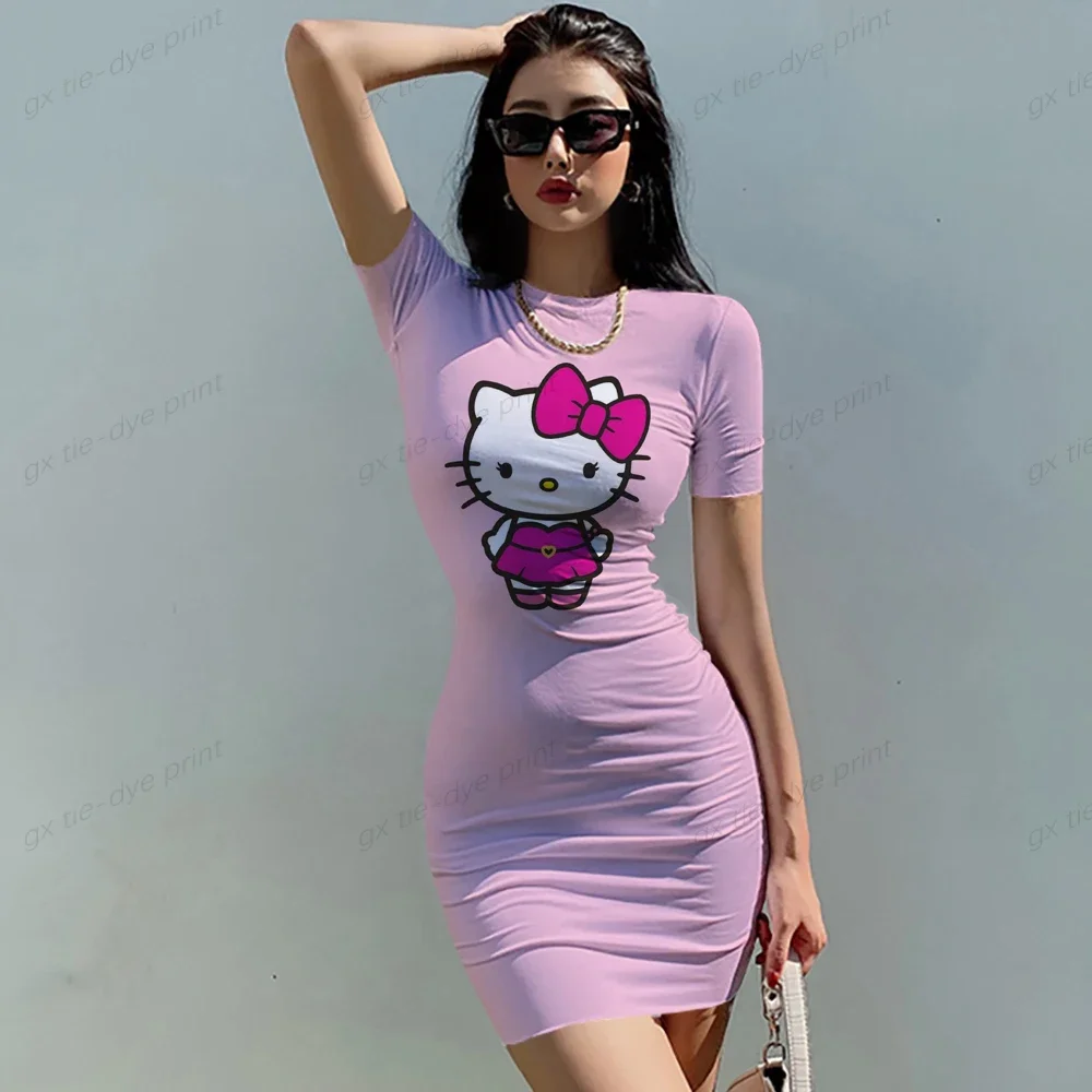 Vestido magro com estampa floral feminino, Sexy Stretch, Vestido fino, Diversão Hello Kitty, 3D Print, Mini, Casual, Lady, Verão, Novo, Moda