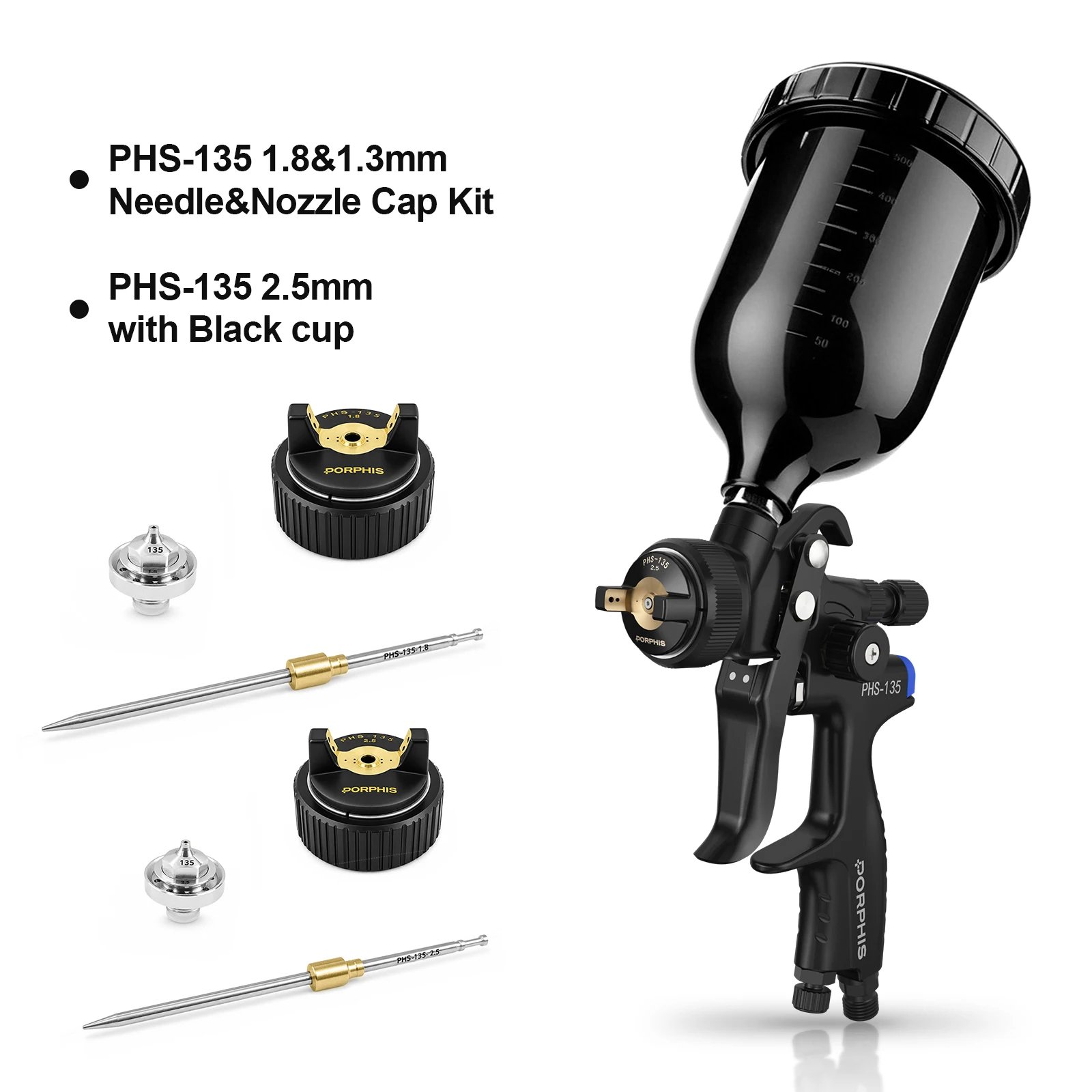 PORPHIS PHS-135 MP Paint Spray Gun with Nozzle Needle Cap Kit Car Painting Gun for Primer Base Clear Auto Refinish Car Repair