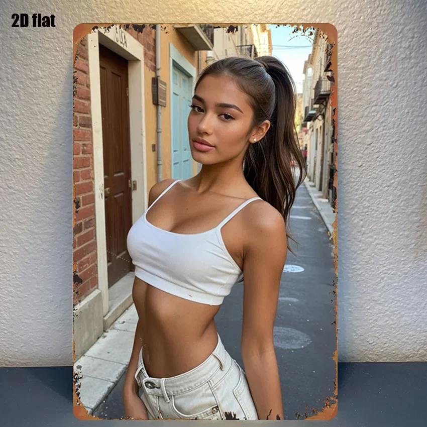 High Definition Metal Tin Sign - Stylish Woman in White Crop Top and Jeans Street Retro Wall Art for Home Decor, 2D Flat Vint