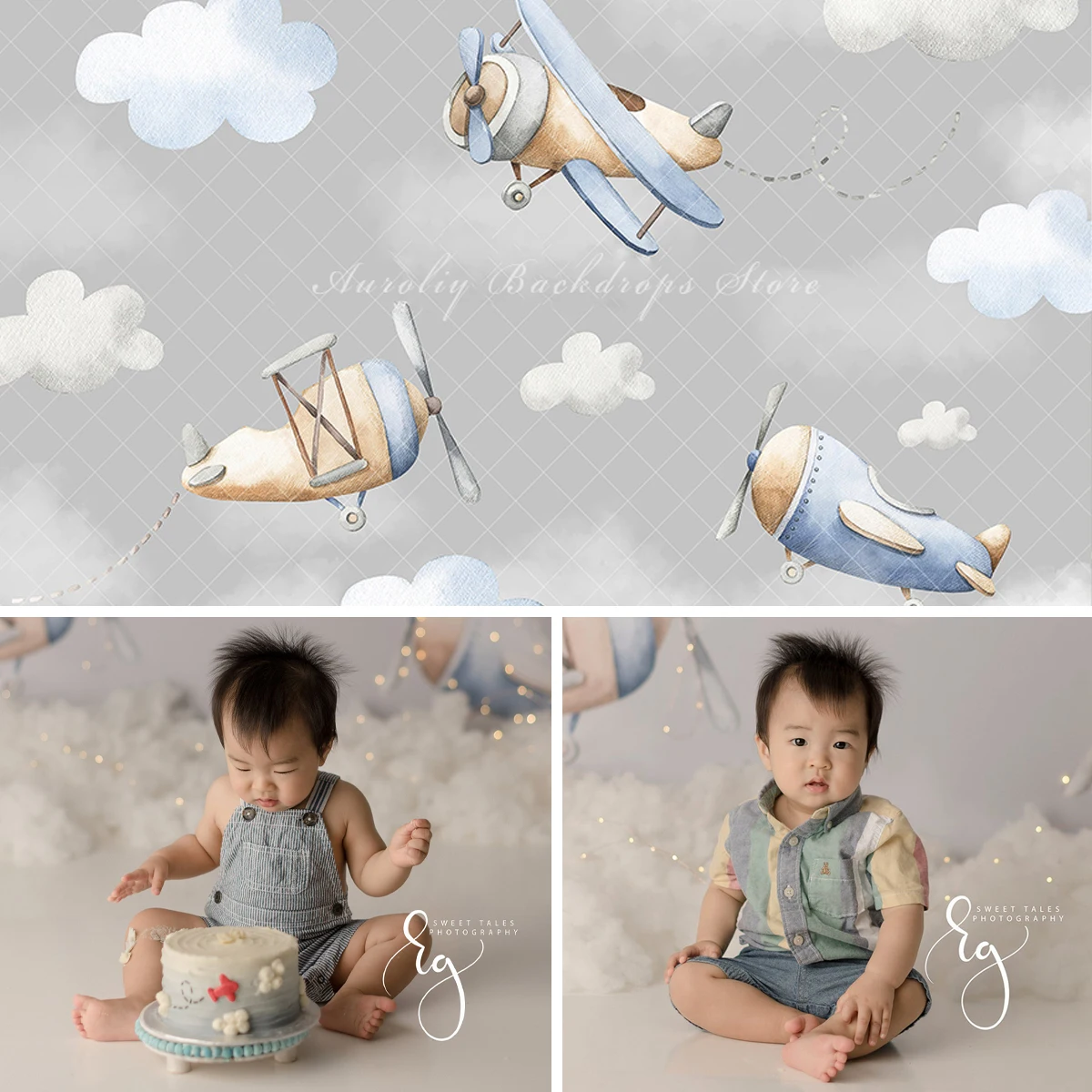 Cartoon Sky Jet Backgrounds Vintage Airplanes Boy Adult Photogrpahy Decors Child Baby Photocall Props Clouds Cake Smash Backdrop