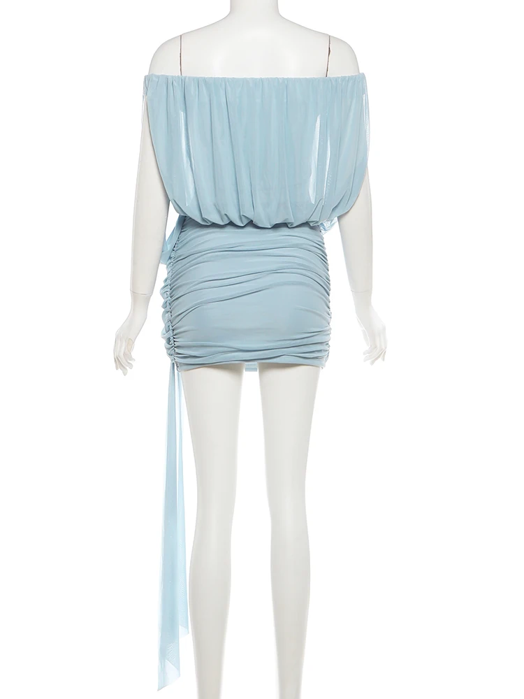 Sisterlinda Folds Tassel Slash Neck Dress Damen Mesh Solid Sweet Elegant Summer Trend Vacation Prom Party Classic Mini Bodycon – Detail 9