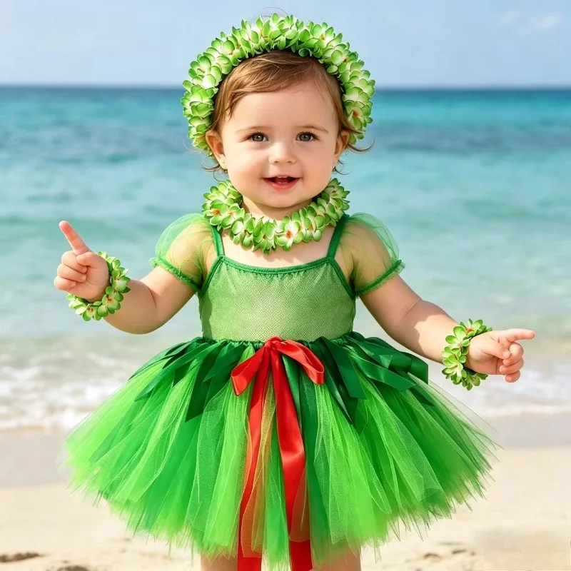 

Green Hawaiian Kids Tulle Puff Skirt, European and American Style Beach Vacation Party Tutu Skirt, Casual Outfit for Children