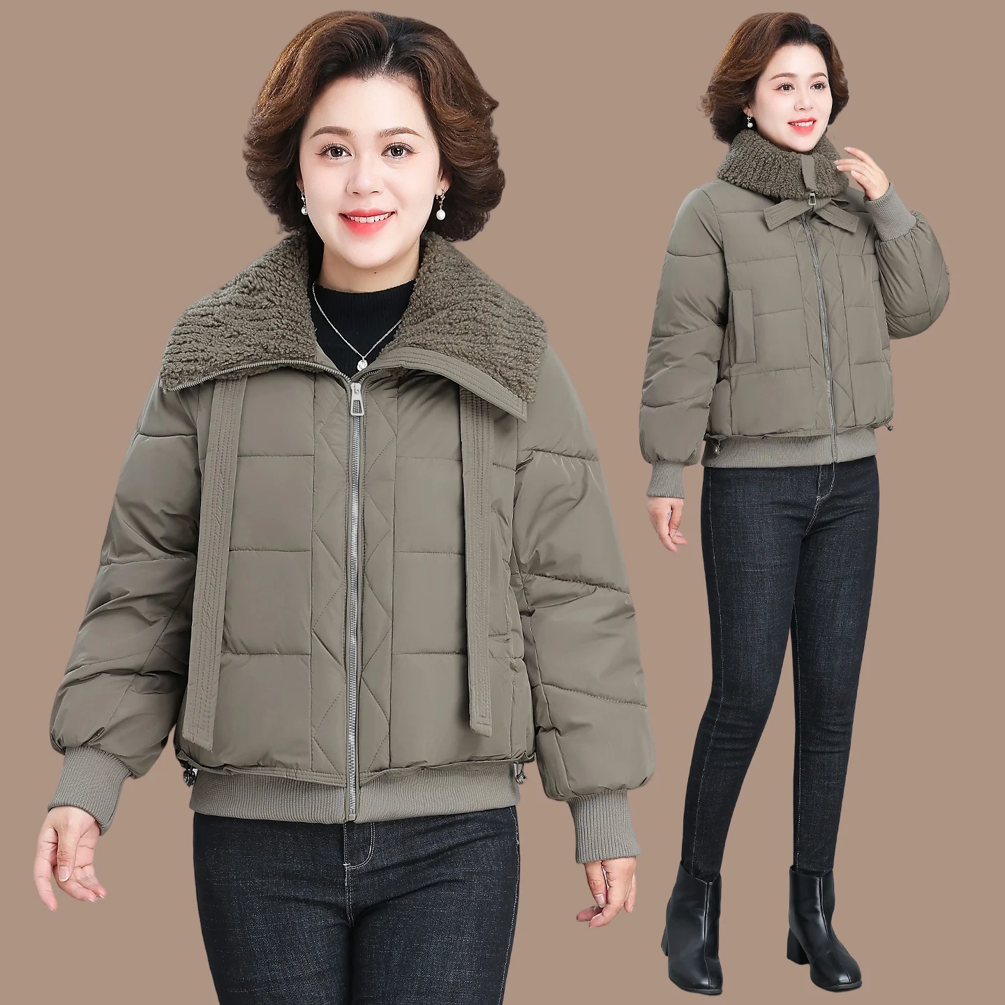 

Women's ort Thiened down Cotton Jaet Large Collar Bread Sle Coat Winter Faion Outerwear for Small Figures Mothers