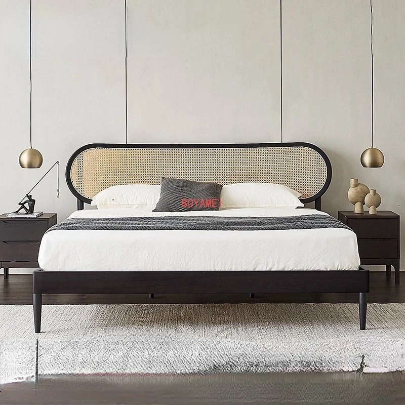 Mumo furniture solid wood bed rattan weaving Nordic modern simple double family small house type 1.51.8m black master bedroom