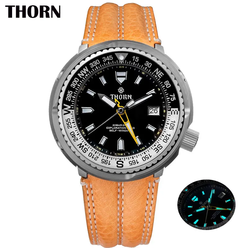 Thorn Men's Titanium Tuna Diver Watch 47mm Black Dial Sapphire Crystal NH34A Automatic Movement GMT BGW-9 Blue Luminous 20Bar