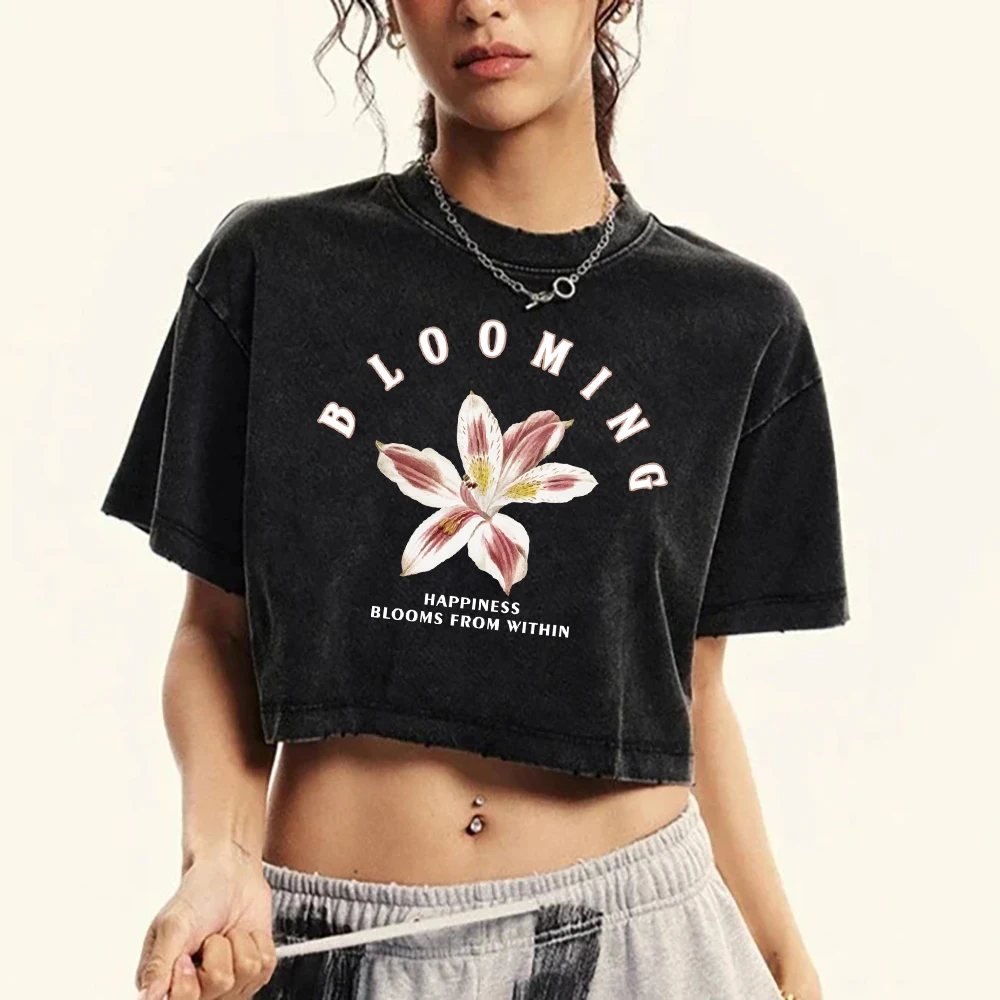 Blooming Flower Creative Prints Washed T-Shirt Women Cotton Casual Tee Shirt Fashion Street Short Sleeve Female Slim Tee Shirts