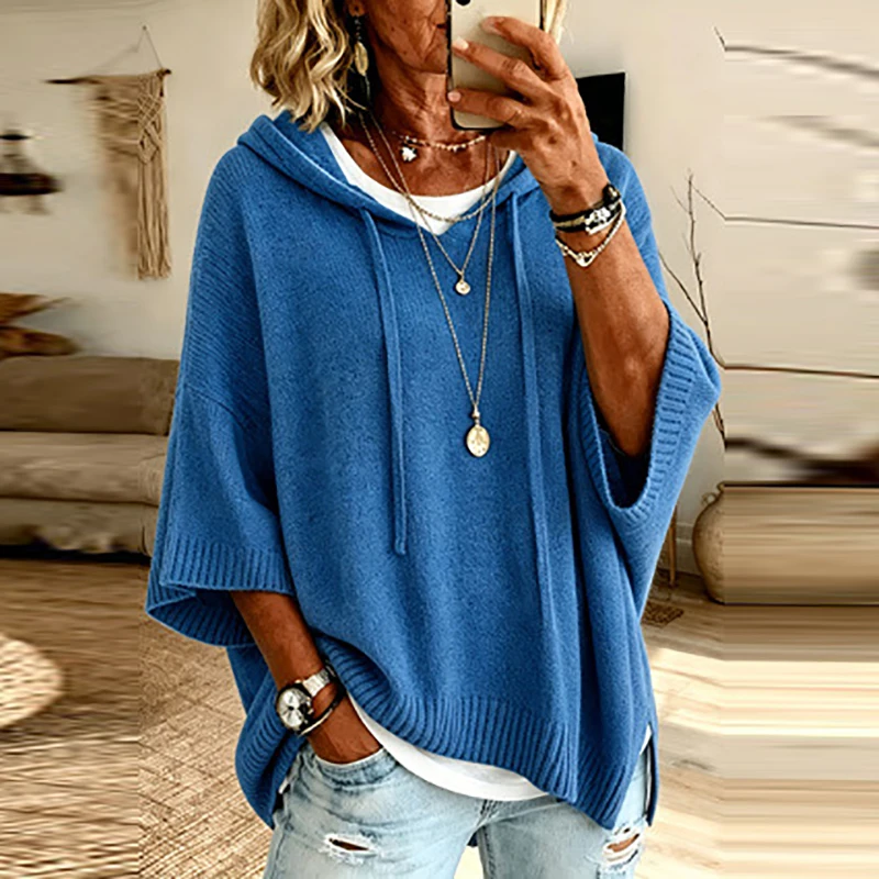 New Autumn Winter Hoodies Sweater Women Casual Striped Printed Sweaters For Women Fashion 3/4 Sleeve Drawstring Jumper Red
