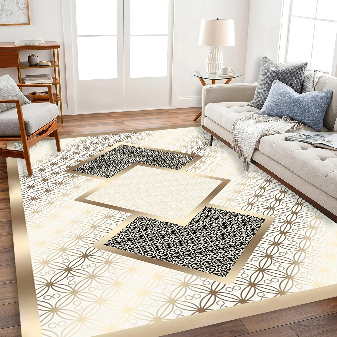 2d Printed White Gold Geometric Grid Frame Rectangular Area Rug Non Slip Floor Mat For Luxurious Modern Home Decor Gift