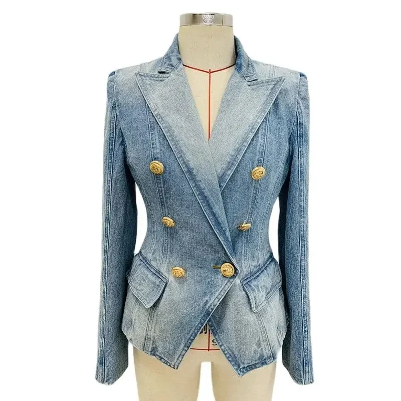 Newest 2024 Designer Jacket Women's Slim Fitting Double Breasted Lion Buttons Denim Blazer