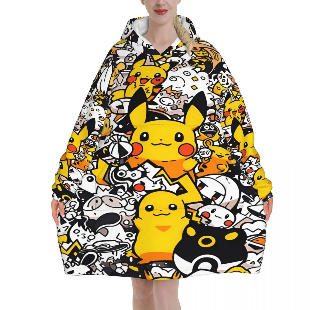

Pokemoned Pikachus Wearable Blanket Hoodie for Women Men Oversized Sweatshirt Blanket with Pocket