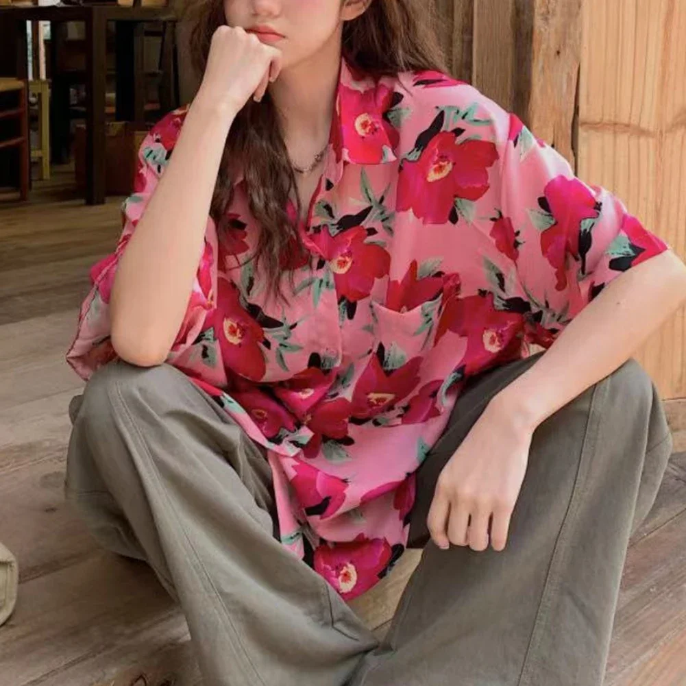 Women's Fashion Casual Loose Short Sleeve Shirt New Summer Retro Hong Kong Style T-shirt  Print Shirt Half Sleeves