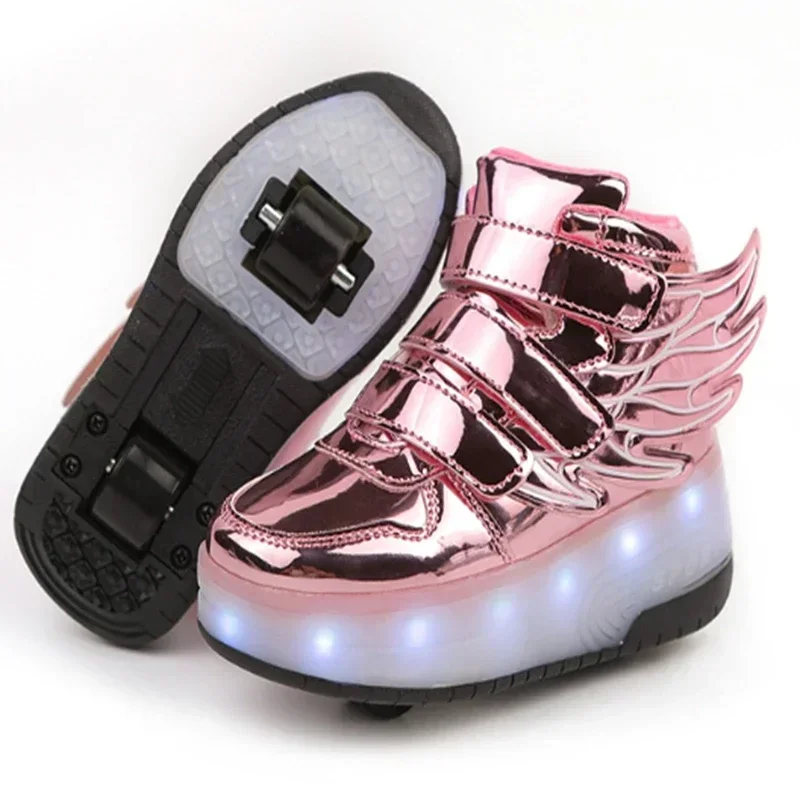 New Boys Girls LED Light Luminous Shoes Jazzy Children Roller Skate Shoes With Wheels Kids Junior Toddler Glowing Wings Sneakers