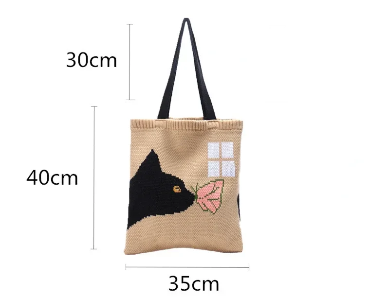 Girls Winter Knitting Wool Cute Cat Pattern Tote Bag Female Teenager Tide Kawaii Sweet Crochet Shopping Khaki Top-handle Handbag