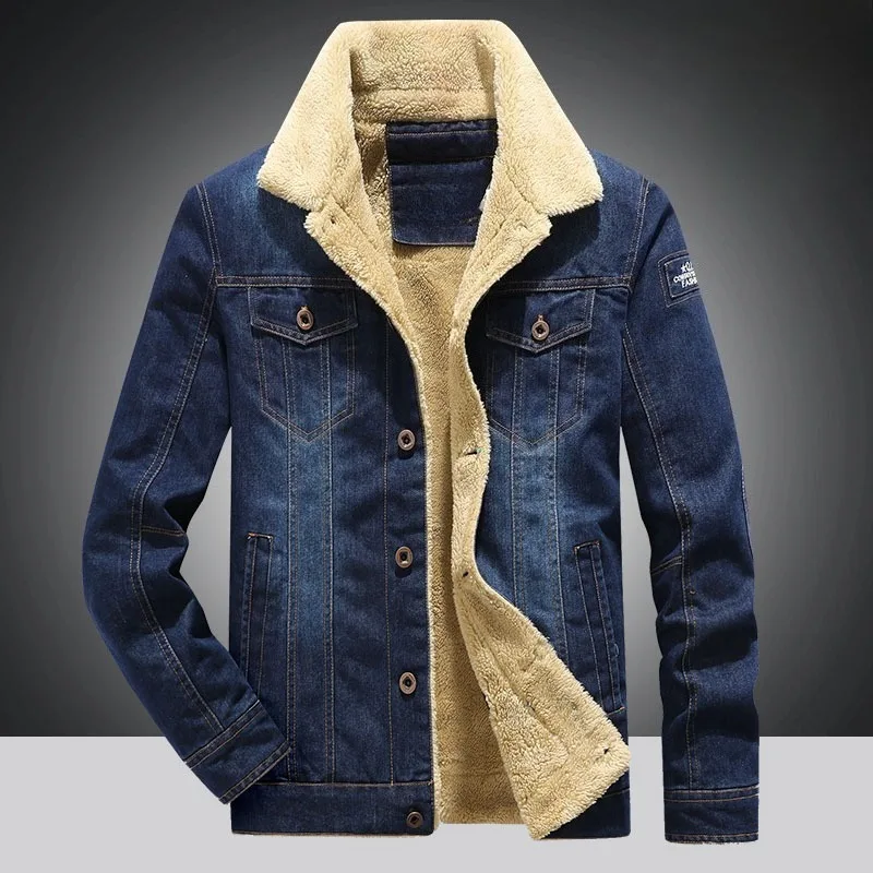 

Men's Youth Fashion Denim Jacket Lapels Single Breasted Casual Tops Male Autumn and Winter Fleece Loose Thickened Multi-bag Coat