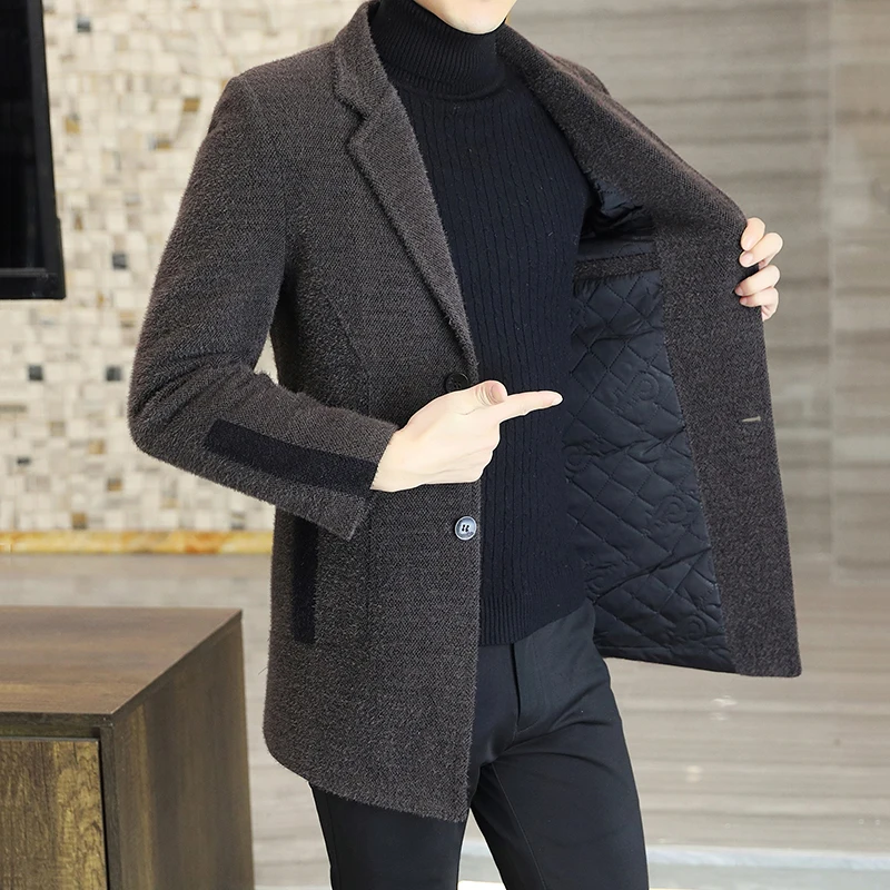 

Business Casual Cotton-Thicken Woolen Coats 2025 Winter Men's Warm Mid-Length Overcoat Outwear Windbreaker Padded Tops Clothing