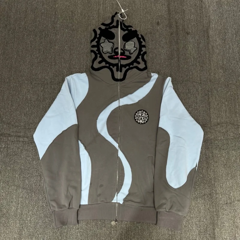 Glo Gang Irregular Patchwork Zip Hoodie Mens Loose Casual Streetwear Pullover with Hood