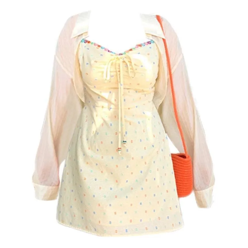 プラスサイズ 花柄プリント レディース 夏用ストラップ付き日焼け止め服 ツーピースセット カジュアル エレガント Aラインスカート