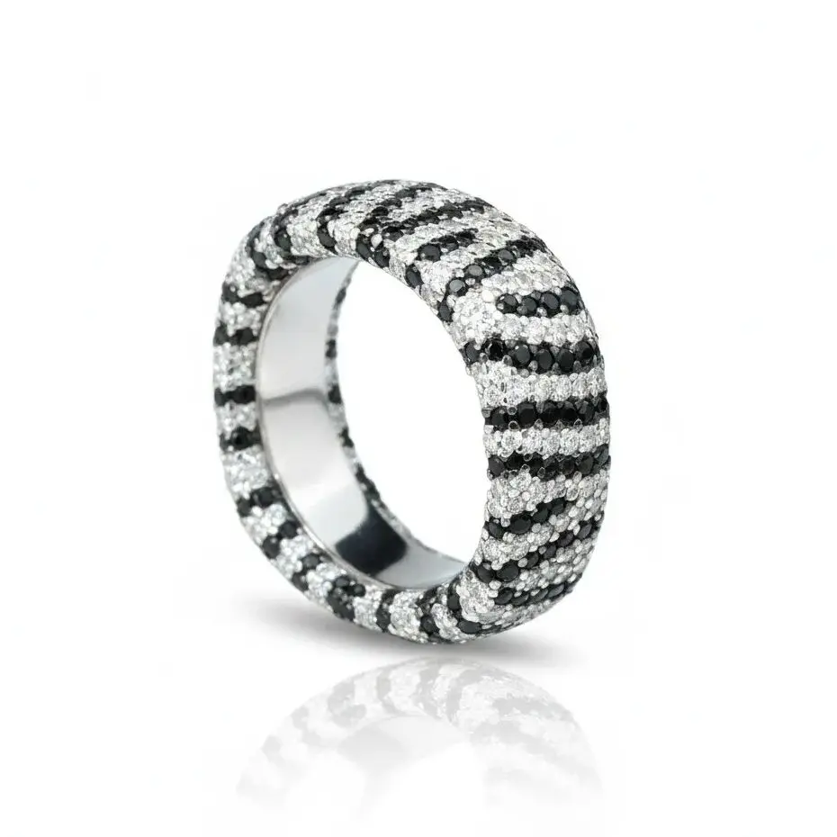 

925 Sterling Silver Eternity Band Ring Exquisite Zebra Striped Design Statement Fine Jewelry for Women's Valentines Banquet Gift