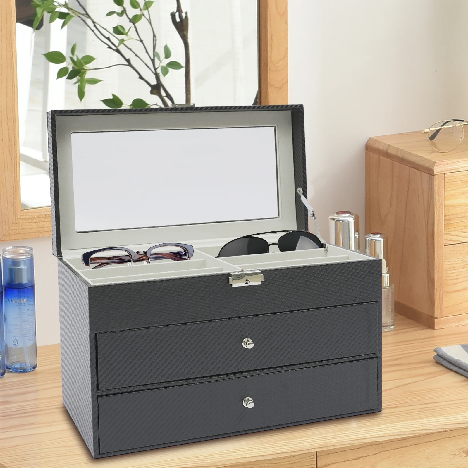 Leather Black Display Case Storage Box 3 Layers 18 Slots Sunglasses Eyeglass Organizer Drawer Type