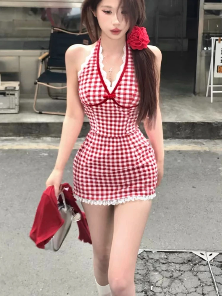 

Summer Woman Vintage Elegant Slim Dress Spaghetti Strap Lace Plaid Patchwork Mini Dress Sexy Party Outfits Korean Fashion 2025