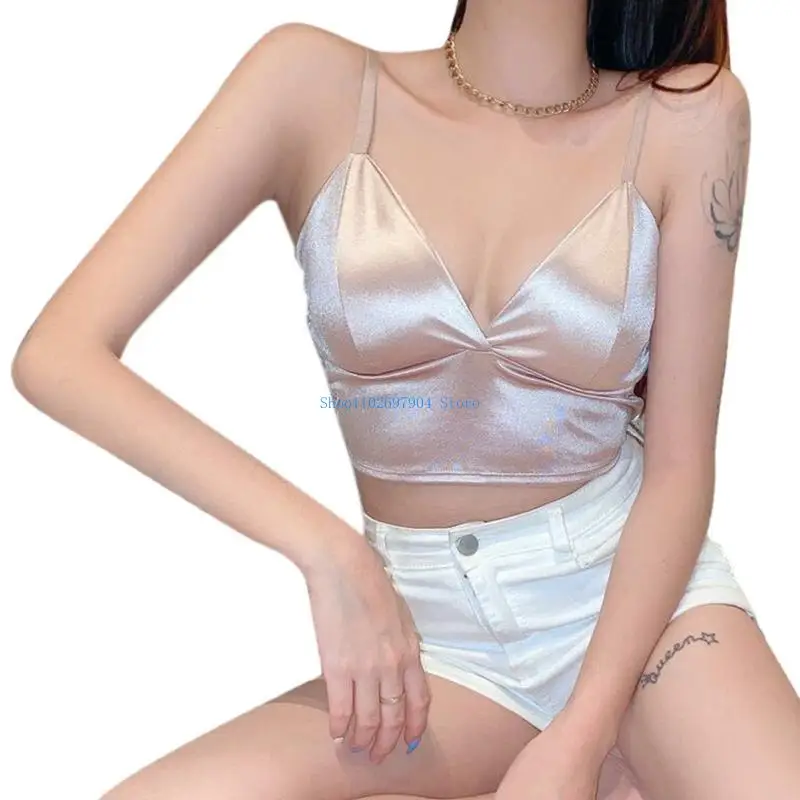 N7YF Women French Satin Spaghetti Pasek Camisole Seksowna głęboka dekolt w szpic na trójkąt kubek wyściełany top shirred