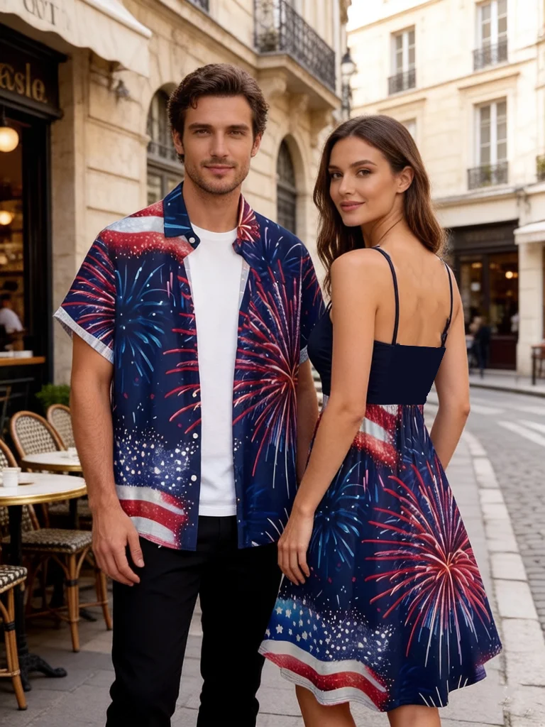 

Women's Spaghetti Dress and Men's T-Shirt Couple Set, 3D Graphic Print, Casual Streetwear Outfit for Holiday, Independence Day