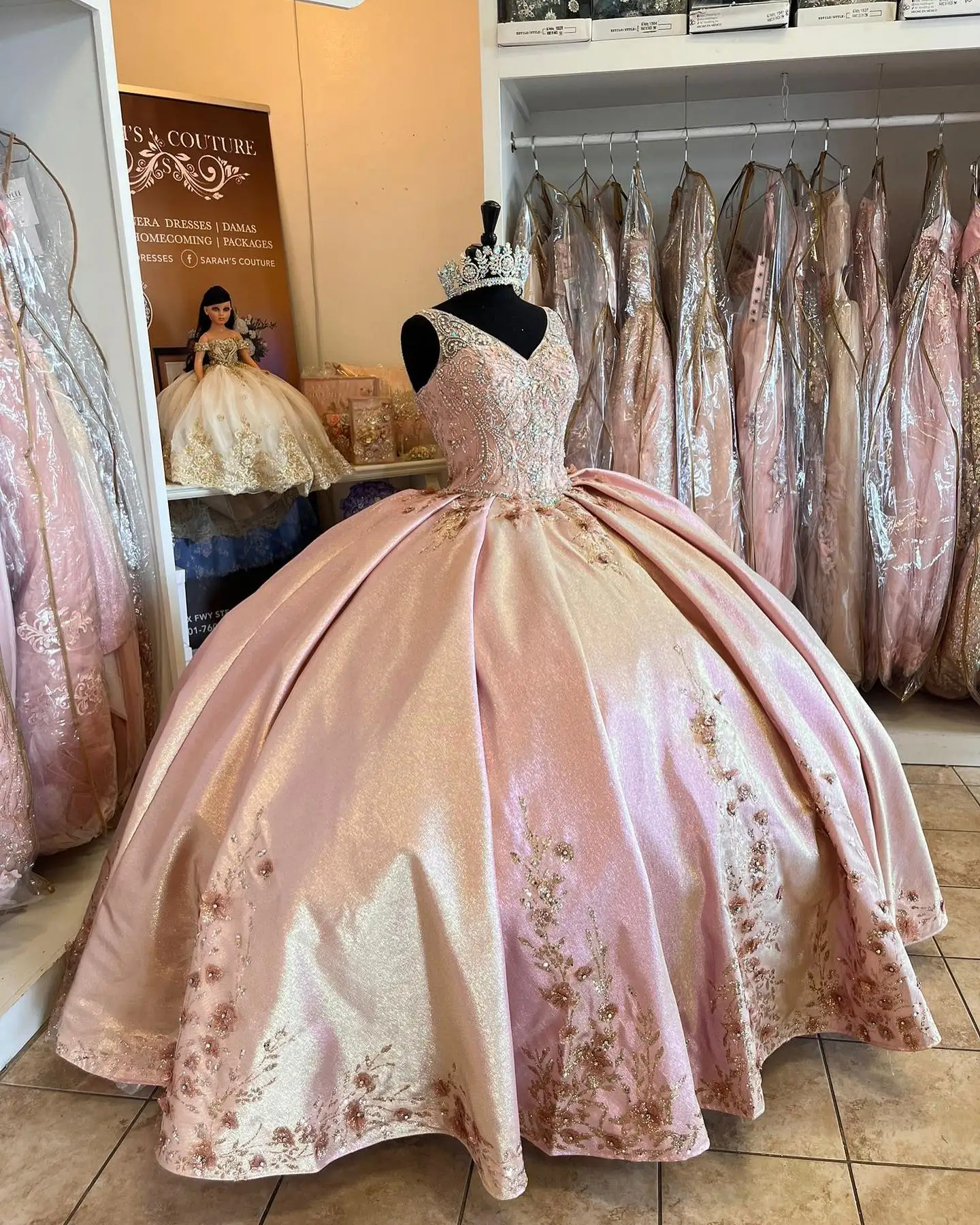 Vestidos de Quinceañera de oro rosa, cuello en V, apliques de cuentas, dulce 15 vestidos de graduación, vestido de baile, vestido de quinceañera de 16