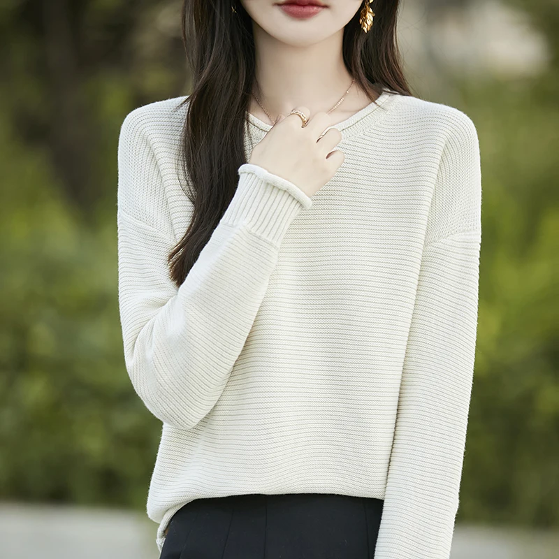 

Autumn And Winter Thick Cotton Knitted Women's Round Neck Loose Sweater Wearing Solid Color Long Sleeve Bottoming Shirt