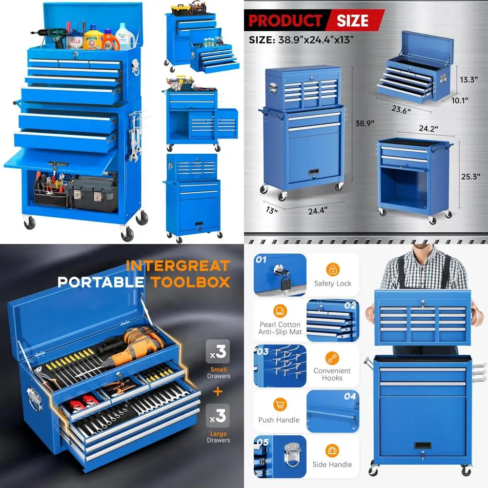 Cómoda grande para herramientas rodante de 42 pulgadas con 8 cajones, caja superior desmontable, mecanismo de bloqueo, carrito de metal para almacenamiento y organización