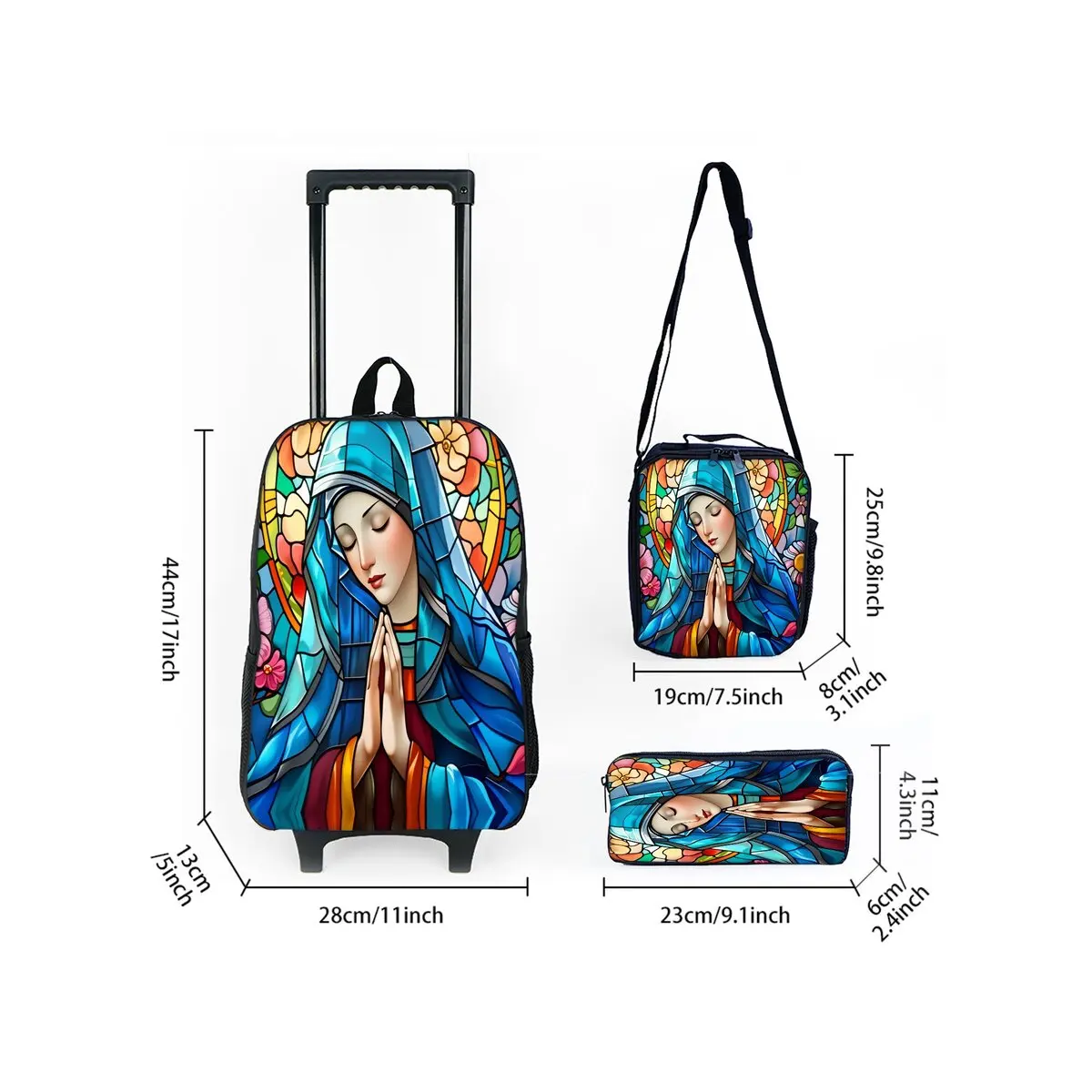 Set Tas Troli Beroda Motif Bunda Maria dengan Kotak Makan dan Tempat Pensil, Tas Ransel Troli Sekolah untuk Anak Perempuan/Laki-laki