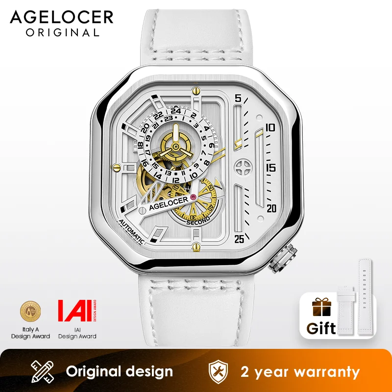 AGELOCER  Original Racing Watch Women\'s Square Luxurious Hollow Big Dial Automatic Mechanical Watch Birthday Gift for Women