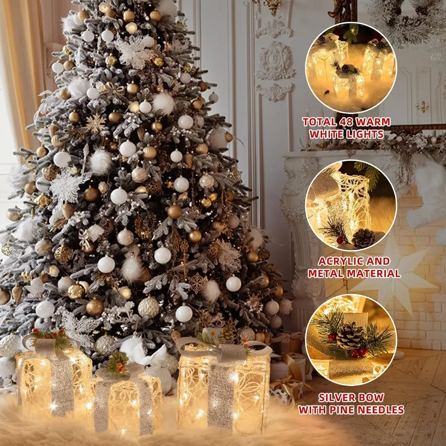 Outdoor Christmas Decorations Set of 3 Christmas Lighted Gift Boxes for Indoor and Outdoor Yard Holiday Party and Home D