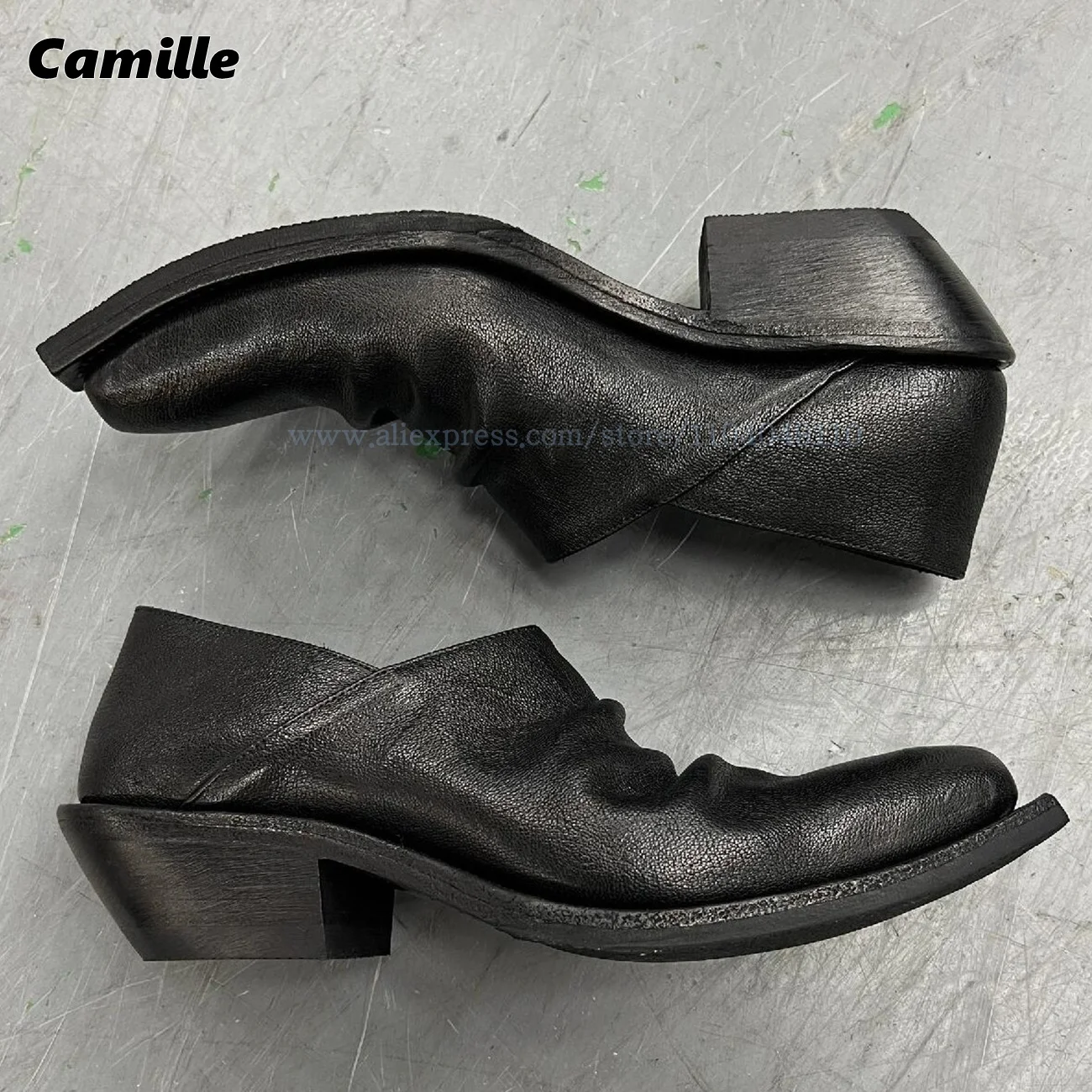 

Retro Pleated Chunky Heel Mid Calf All-Match Loafers Pointed Toe Platform Lady Casual Mules Size 35-44 Men/Women Leather Shoes