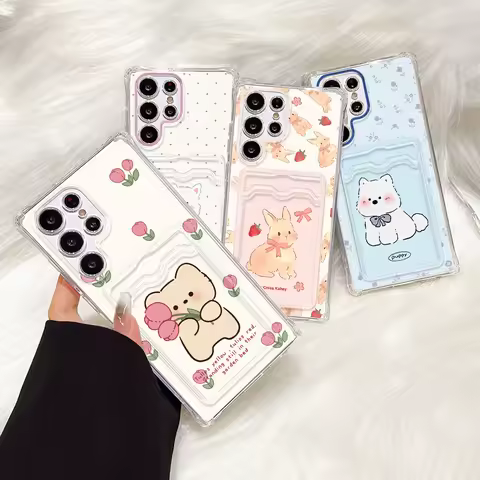Card Holder Cut Animal Phone Case For Samsung S25 Ultra Galaxy S24 S23 FE S22 Plus A05 A05s Transparent Soft Shockproof Covers