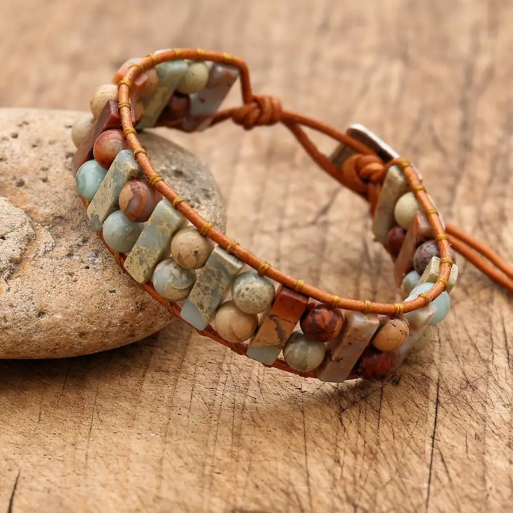 Mixed Shoushan Beads Natural Stone Bohemian Vintage Handmade Woven Wrap Bracelet For Women Leather Bracelet Fashion Jewelry Gift