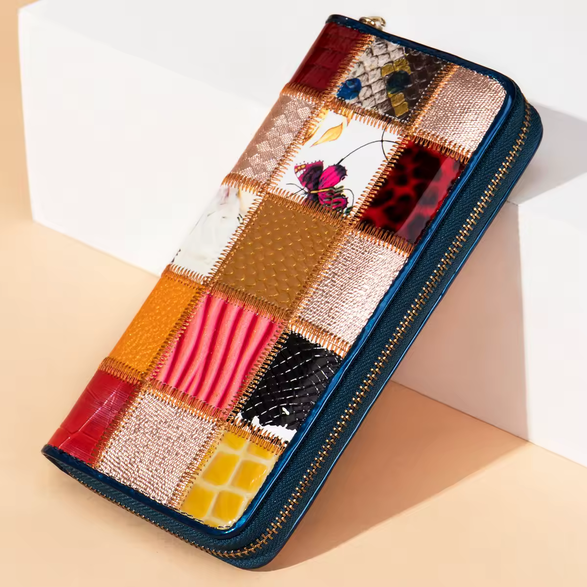 Women's Cowhide Clutch Bag Genuine Leather Long Wallet Patchwork Ethnic Style Lady Leather Purse Wallet Patent Female Clutches