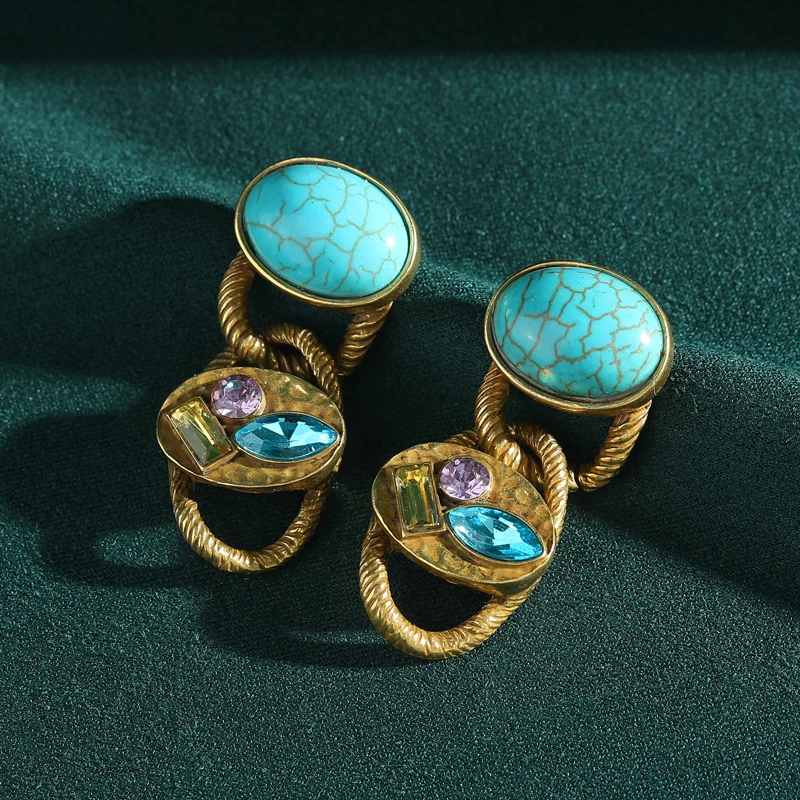 

Vintage Ancient Turquoise Stone Drop Earrings Gold Color Colorful Rhinestones Luxury Quality Jewelry Wedding Accessories Women