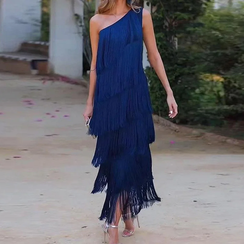 

Tinaa Evening Banquet Dresses for Women Summer Fall Elegant One-shoulder Tasseled Asymmetric Layered Cocktail Party Dresses 2025