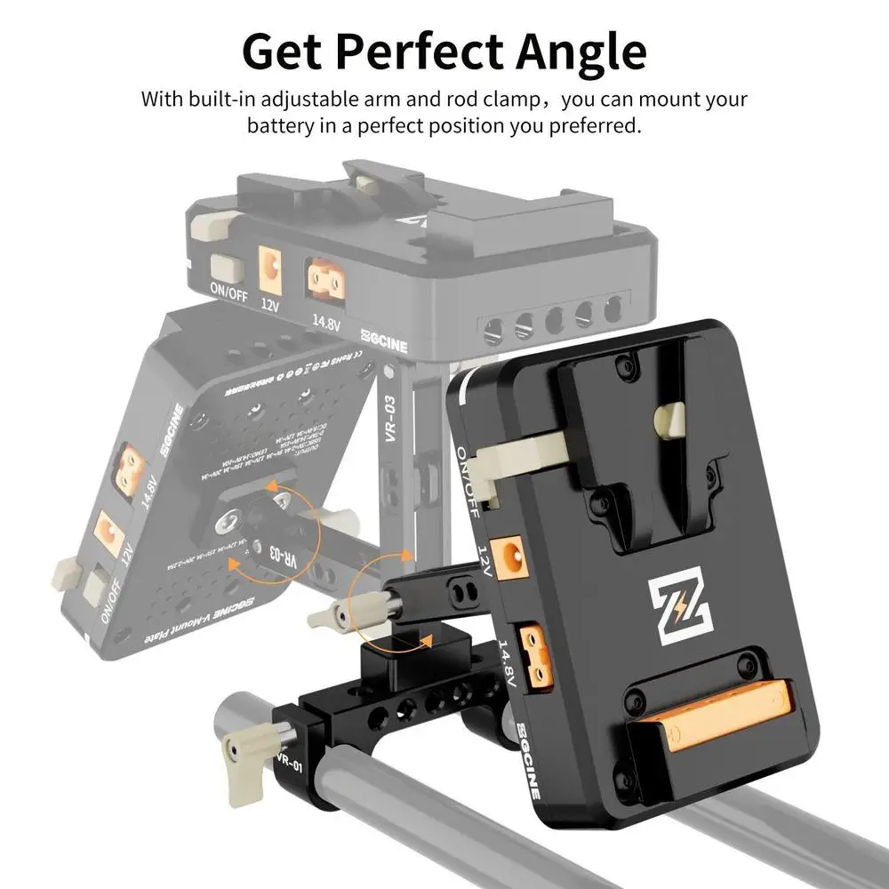 ZGCINE VM-VP2 V-Mount Battery Plate Adjustable Arm 15mm Rod Clamp USB-C PD In/Out Dual D-Tap Dual DC 2-Pin Output for Camera Rig