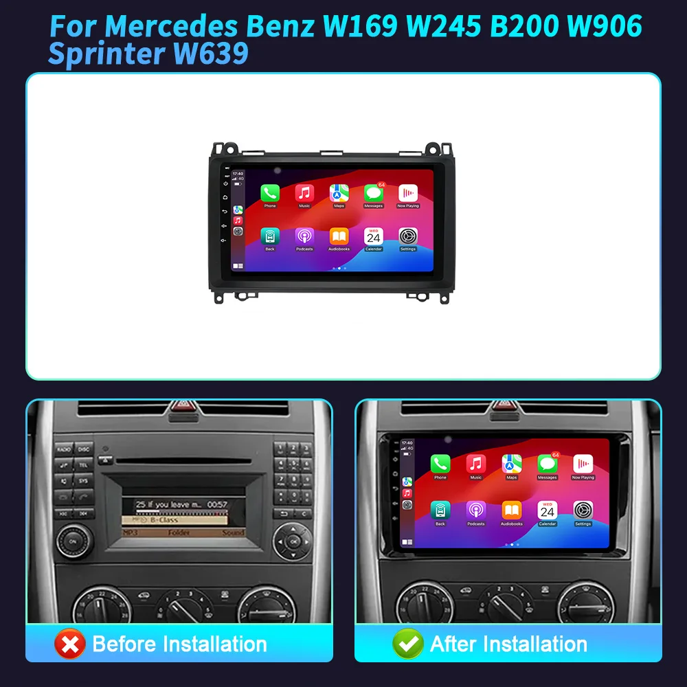 

For Mercedes Benz W169 W245 B200 W906 Sprinter W639 Wireless BT CarPlay Android 14 Radio Car Multimedia Player Touch Screen