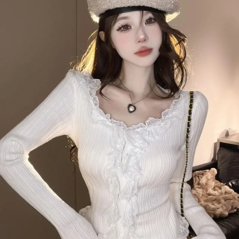 Women Clothing Spring Autumn Fashion Simplicity Lace Solid Color V-neck Female Fashionable Appear Thin Long Sleeve Pullovers Top