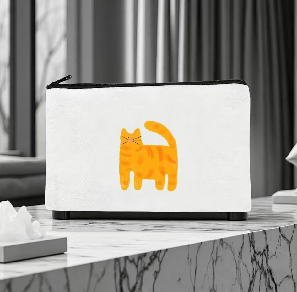 1PC Cute Plain Hand Drawn Chubby Ginger Cat Print Makeup Bag Double Sided Canvas Daily Storage Organizer