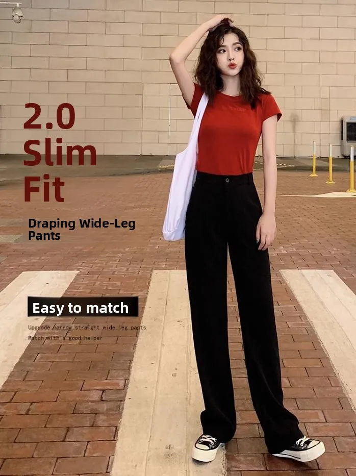 Slim Wide Leg Pants Women's Summer Thin Floor-Length Casual Black Long Trousers High Waist Drape Loose Straight Suit Pants