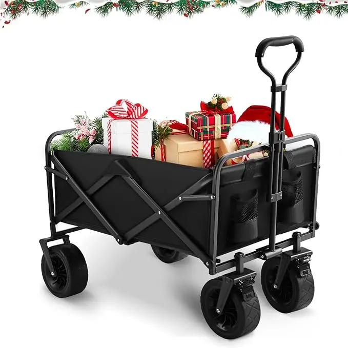 Foldable handcart with dual brakes, beach gardening handcart, maximum load of 100 kg, with adjustable thrust handle and protecti