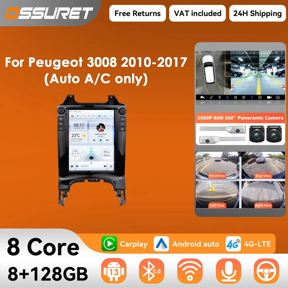 9.7 "2DIN Wireless Carplay Android 14 Autoradio per Peugeot 3008 2010 - 2017 Lettore multimediale per auto GPS Stereo 360 Schermo della fotocamera