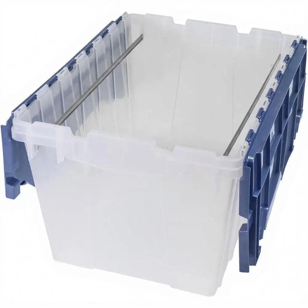 

12 Gallon Storage Container, Nesting Stackable Plastic Box, Lid Attached, Rails Hanging, Letter Size, 21 x 15 x 12, Clear/Blue