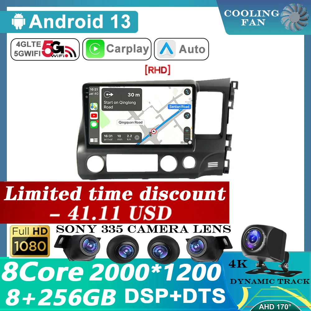 

Android 13 8+256G For Honda Civic 8 2005-201110.1" DSP RHD Car Radio Multimedia Video Player Navigation GPS No 2Din 2 Din DVD